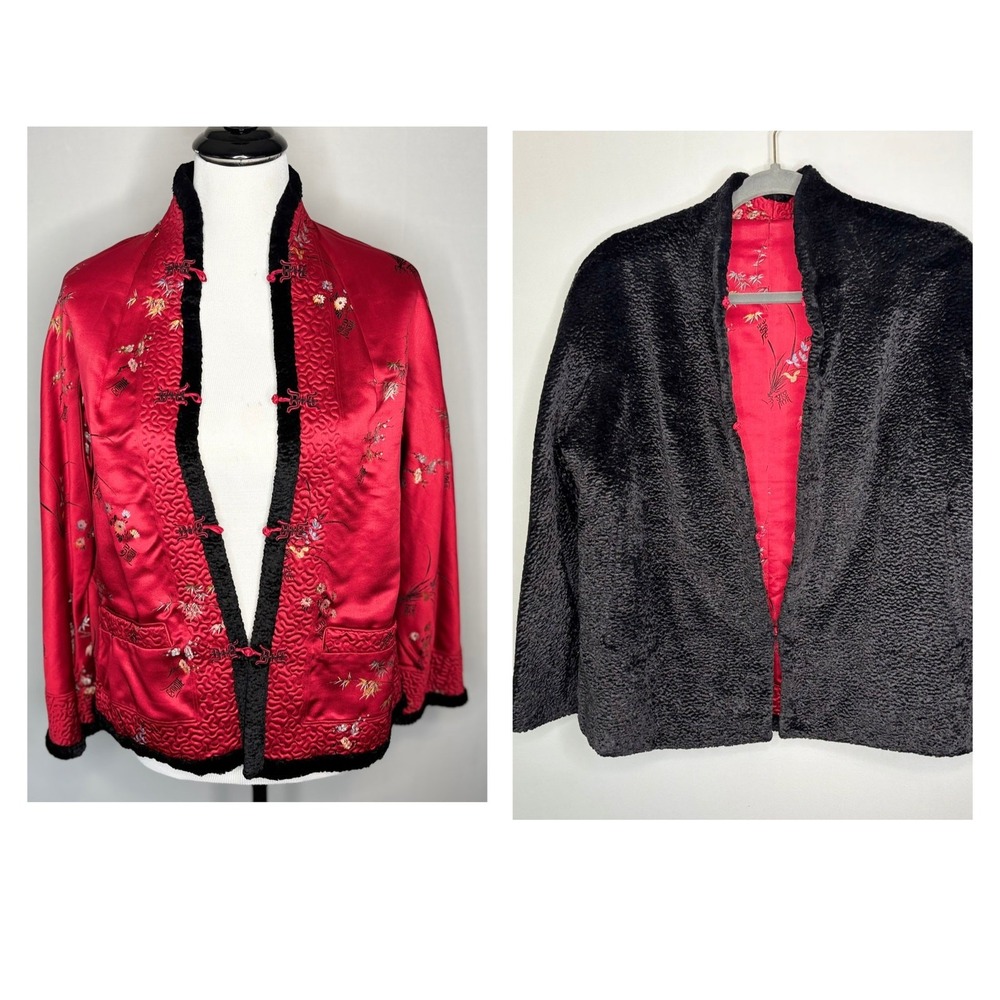 Vintage Reversible Silk Cheongsam Jacket Embroidered Floral Red Black Size M